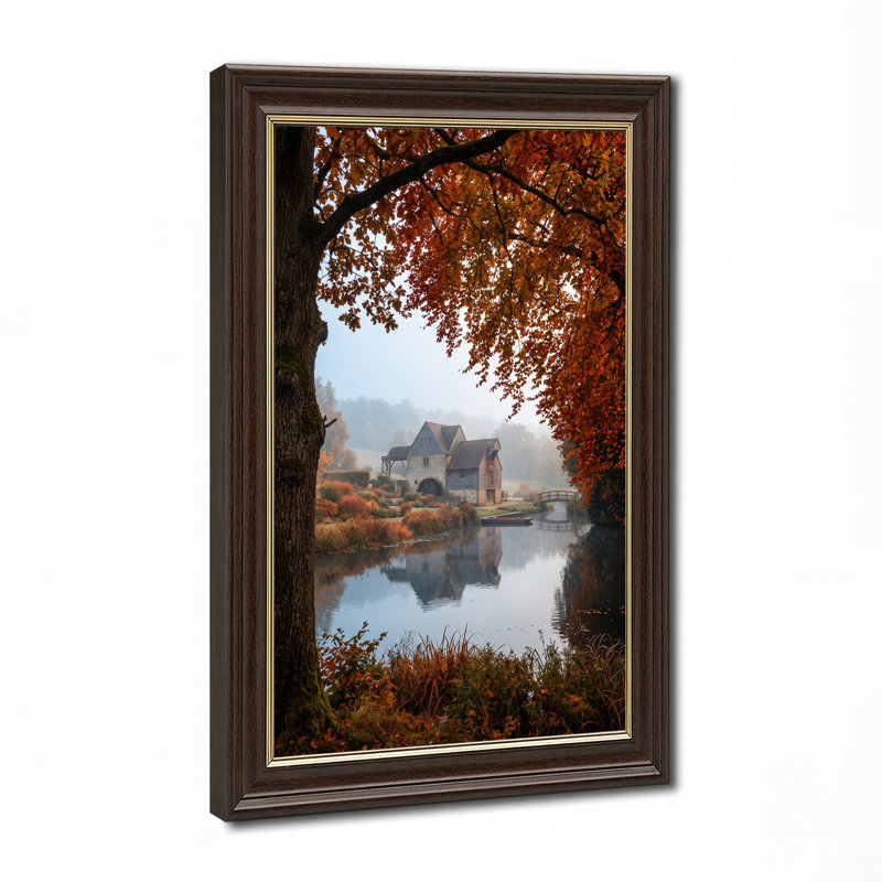 «Orange Autumn Leaves» encadrant un moulin en pierre reflété dans une rivière, art mural, H 18 po x l 12 po