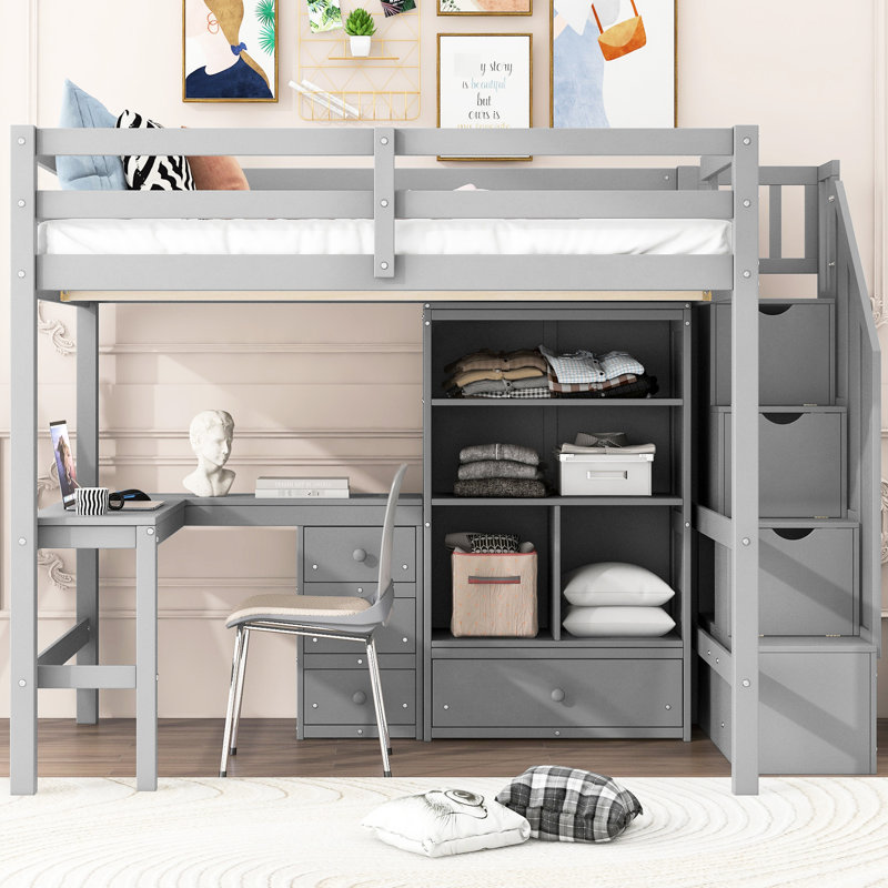 Lit mezzanine double grande capacité avec bureau en L, tiroirs et tiroirs d'escalier, armoire attrayante, Gris
