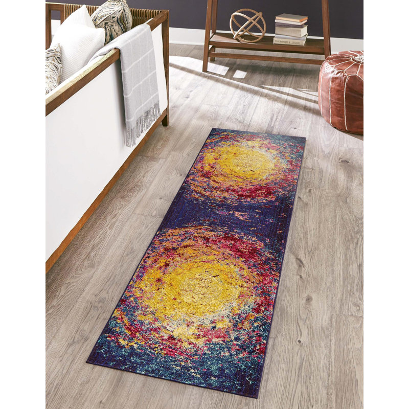 Tapis abstrait jaune / mauve Eddins, Tapis de couloir 2 pi 2 po x 6 pi 9 po