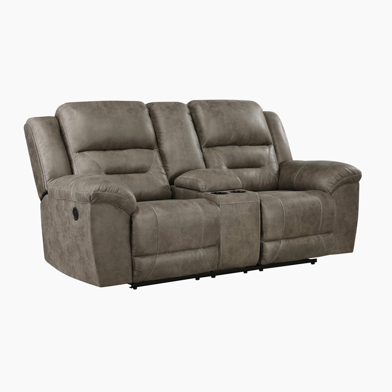 Hamisi 81" Transitional Polished Microfiber Manual Double Reclining Loveseat with Center Storage Console & Integrated Cup Holders