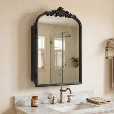 Armoire à pharmacie murale arquée avec coin décoratif orné - miroir de salle de bain de style rétro avec rangement, 3 tablettes réglables, noir brossé, 16 po x 24 po