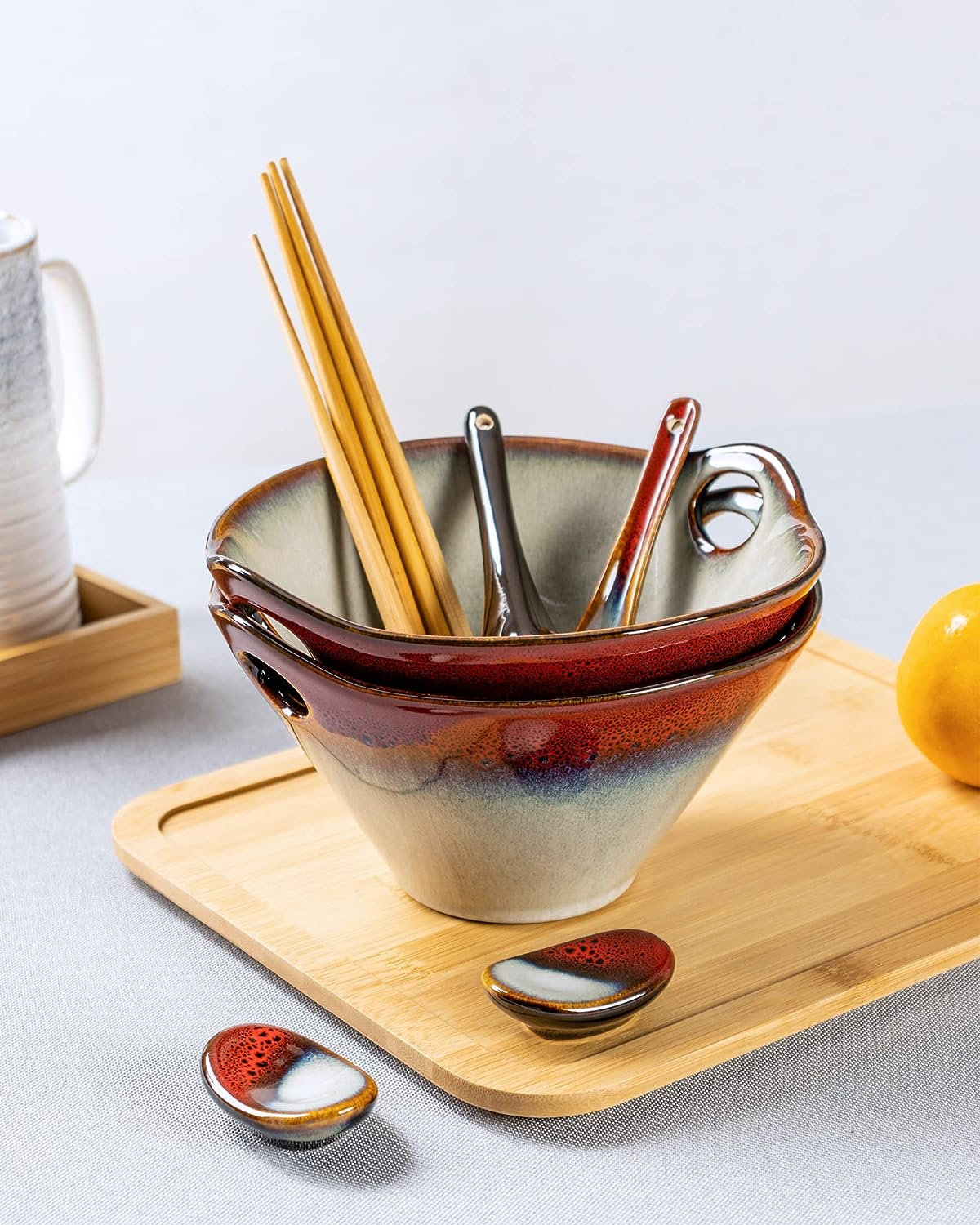 1 Set(4 PCS) Ceramic Japanese Ramen Bowls for Soup, Noodle, Pho, Udon and  Soba, with Matching Spoons, Chopsticks and Racks