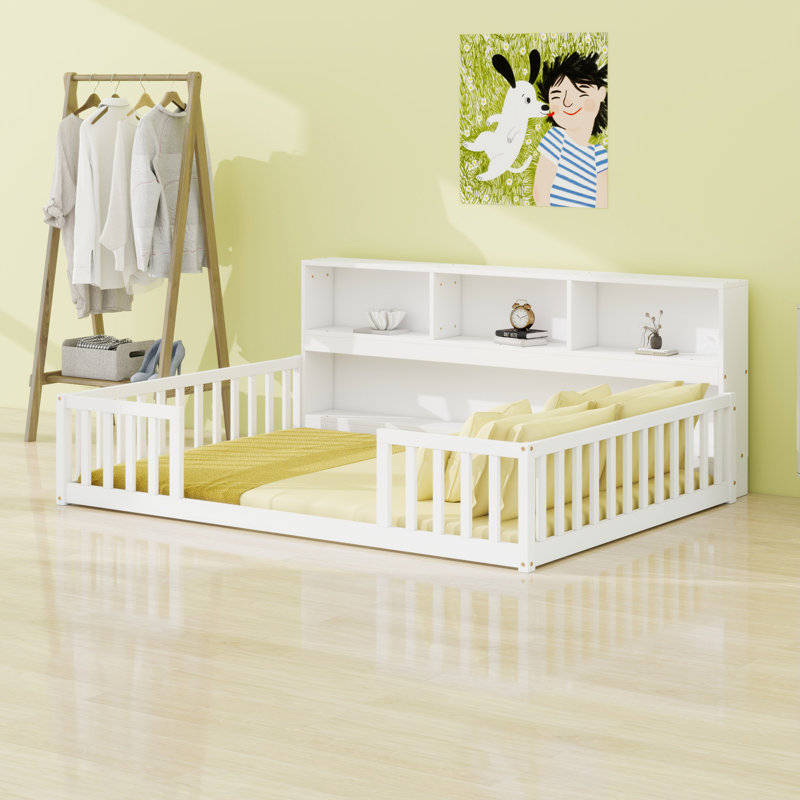 Floor Bed With Side Bookcase,Shelves,Guardrails