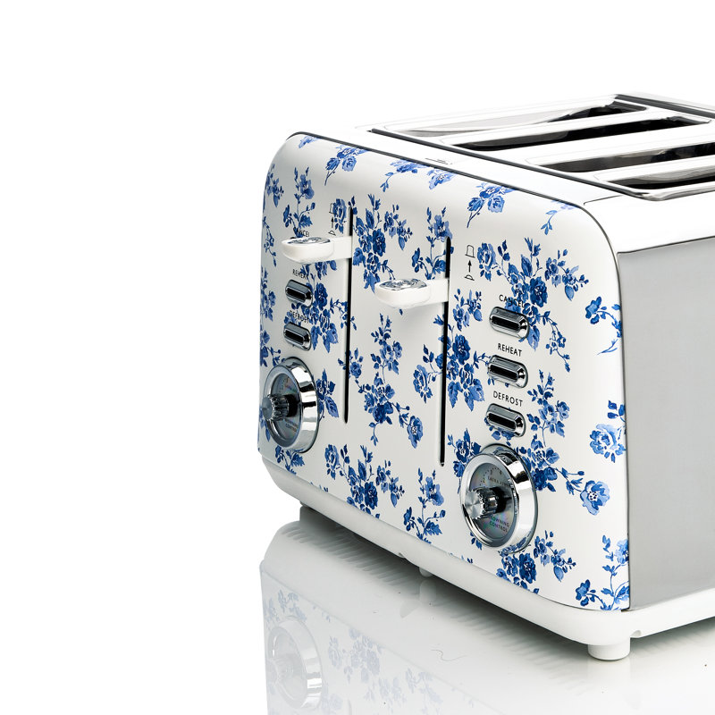 Laura Ashley 4 Slice Stainless Steel Toaster with Wide Slots, 7 Variable Browning Control, Warming Rack, Defrost & Reheat Modes