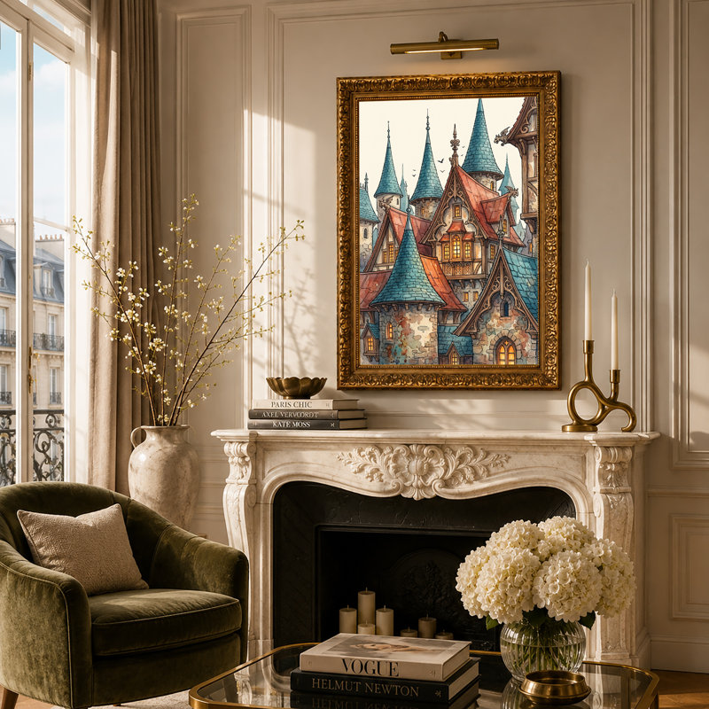 Art mural sur toile, château médiéval, H 24 po x l 16 po