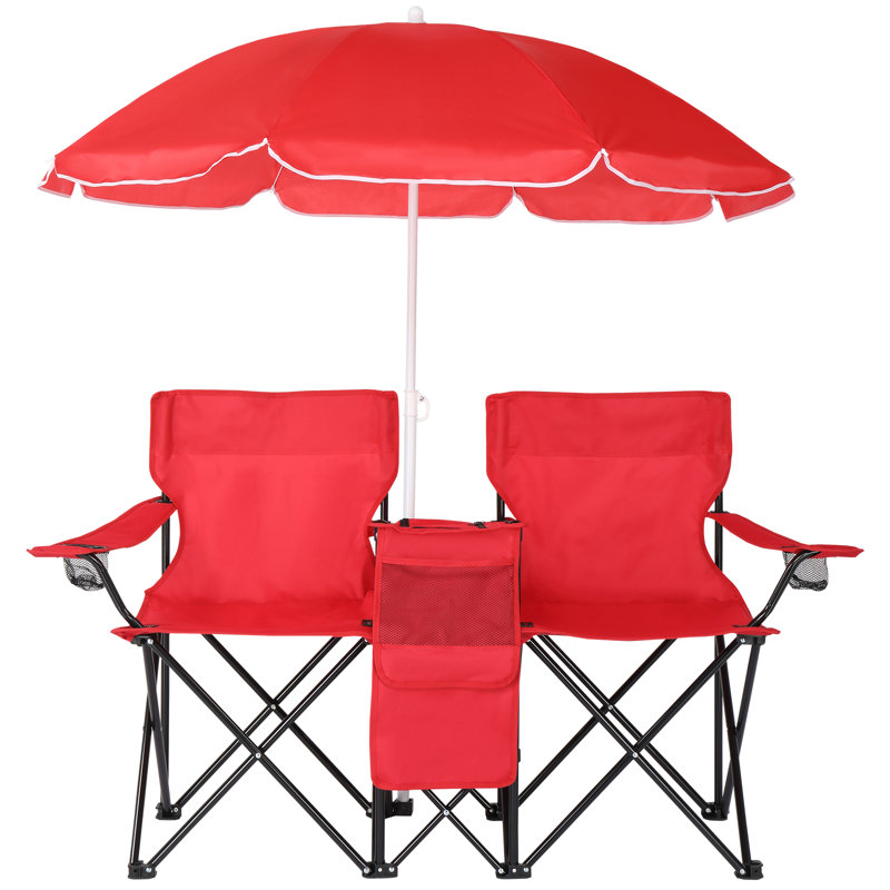 Chaise de pêche portative pour deux personnes avec parasol amovible, Rouge