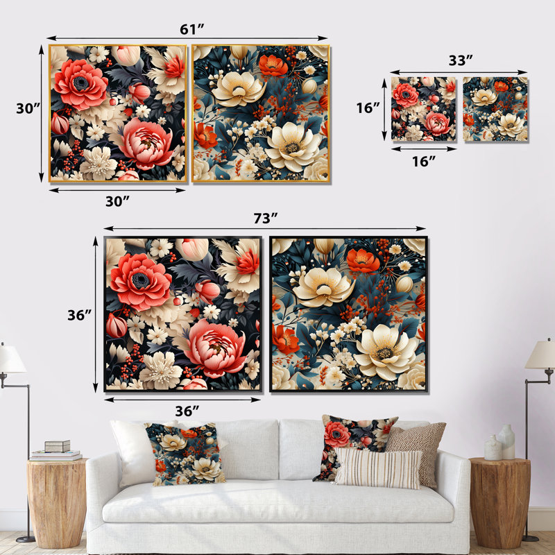 Ensemble de 2 reproductions d'art sur toile à motif floral français, Cadre noir, H 36 po x l 73 po x P 1,5 po
