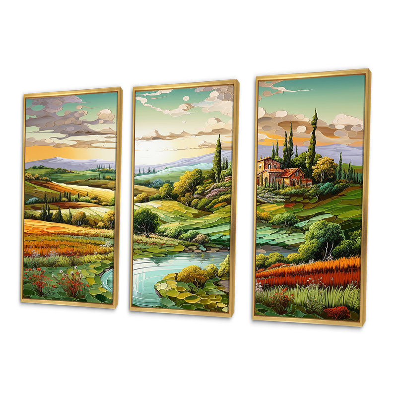 Paysage italien, campagne, ensemble d'art sur toile, Cadre flottant doré, H 32 po x l 48 po x P 1 po