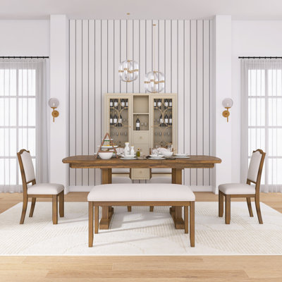 6-Piece Sturdy Solid Wood Frame Dining Table Set,With Rectangular Extendable Wood Table With Removable Leaf,4 Upholsteredchair,1 Bench, Easy Assembly