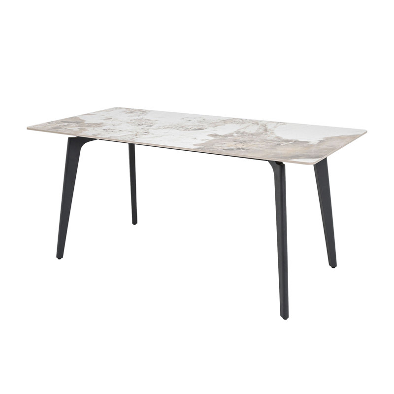 Table de salle à manger 62,99 po en pierre artificielle blanche moderne à bord droit et à pieds en métal noir pouvant accueillir 6 personnes (table de salle à manger seulement)