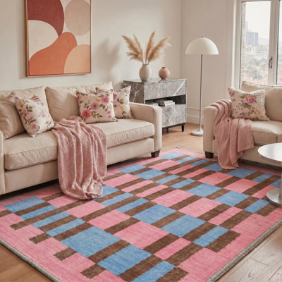 Abrahamson Modern Geometric Plaid Area Rug Soft Pink / Blue Abstract Checkered Bedroom Carpet for Living Room