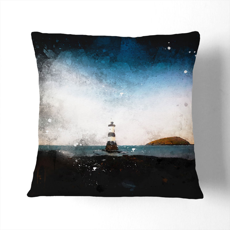 Lighthouse and Seascape at Dusk Paint Splash Cushion with Filling, 40cm H x 40cm W x 15cm D, Stone