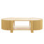 Table basse ovale cannelée avec rangement pour le salon, bois d'hévéa massif, 1 tablette et 2 portes de rangement ouvertes-2056830886