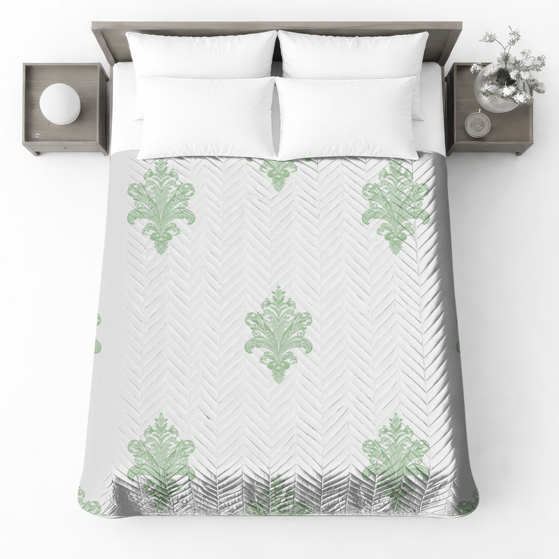 Couvre-lit matelassé vert à motif damassé toutes tailles, Double