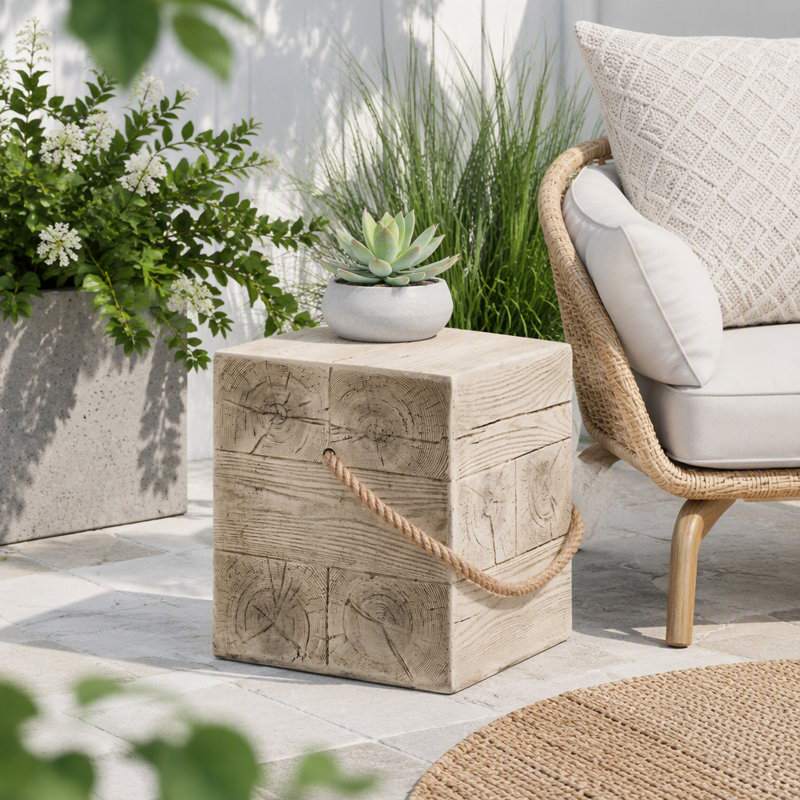 Table d'appoint carrée d'extérieur MGO aspect bois avec cordon tressé simulé, Bois de 14,57 po