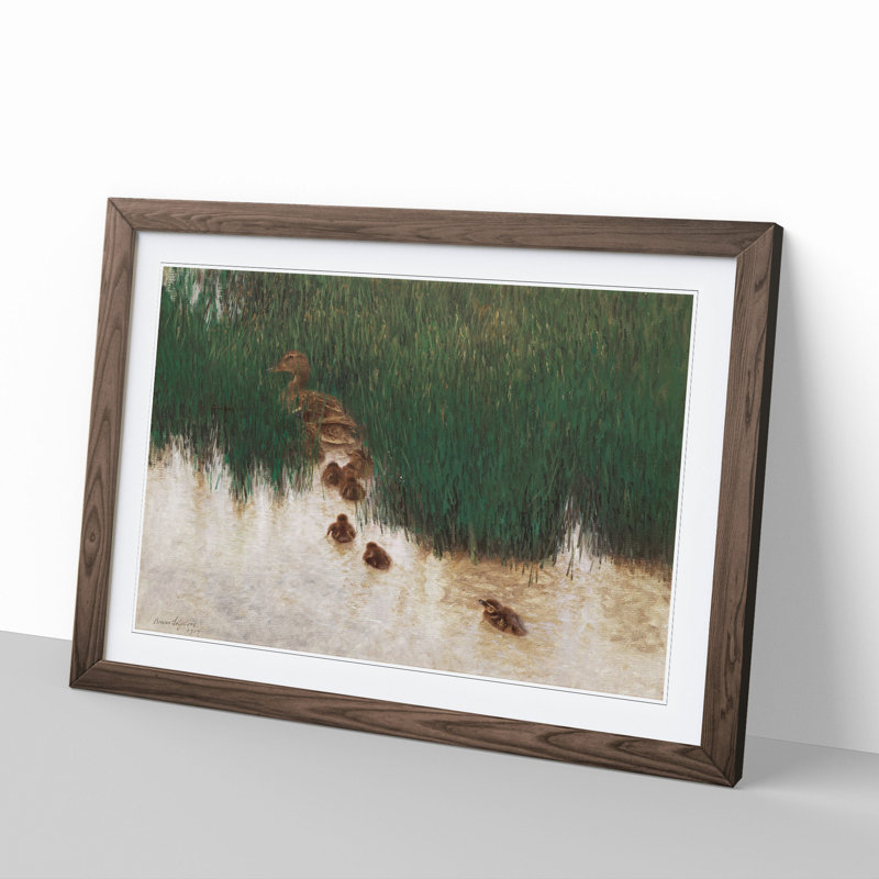 Duck Family by Bruno Liljefors - Picture Frame Painting, Walnut Framed, 27cm H x 36cm W x 2cm D