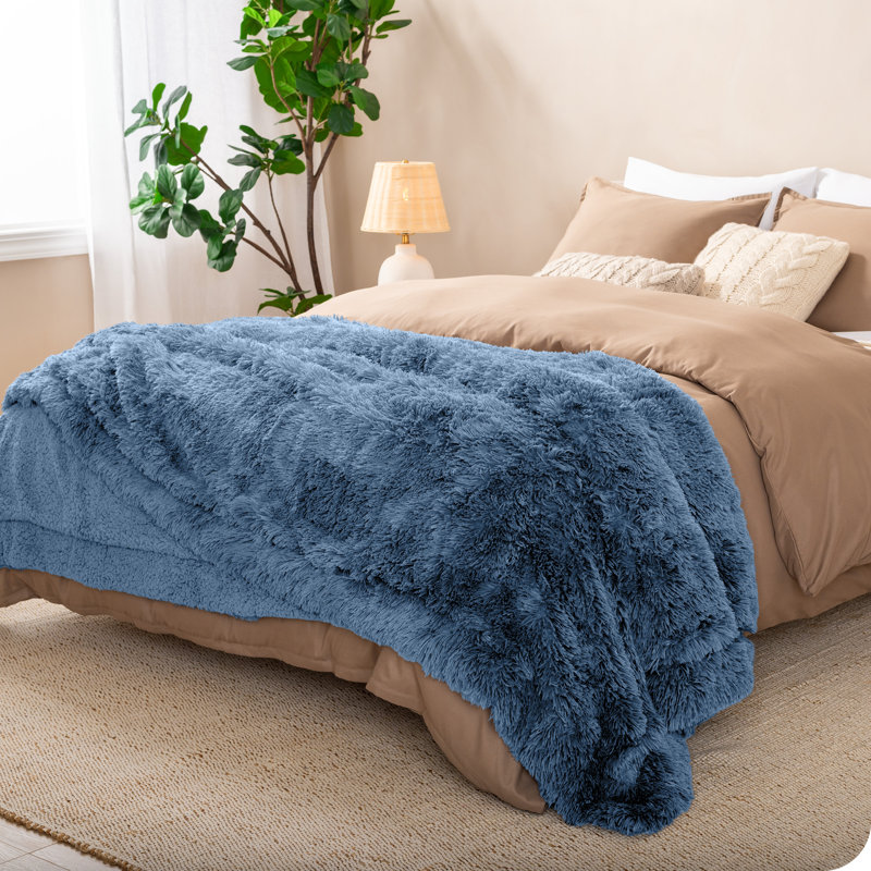 Couverture en sherpa à poils longs, Double/Grand, Bleu couronne