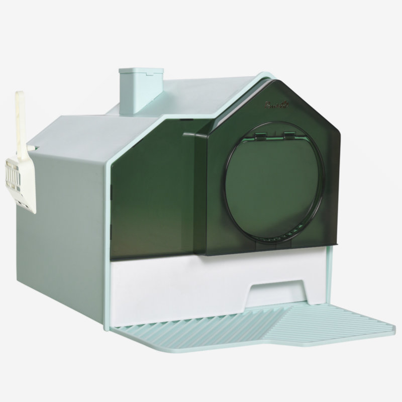 Light Blue House Shape Hooded Cat Litter Box with Drawer