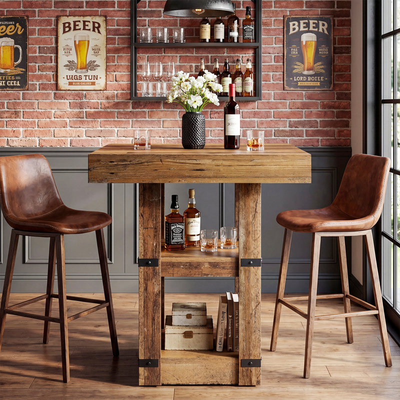 31.5" Square Bar Table with 2-Tier Storage, Brown