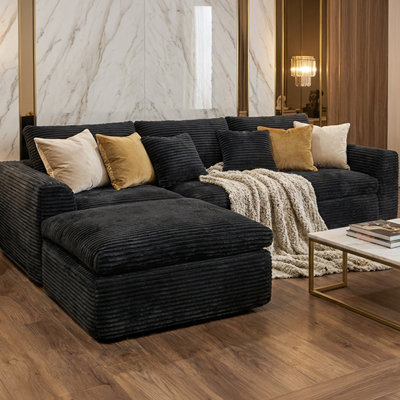 Canapé d'angle en L de 274 cm de hauteur, sans ossature, densité 30, coussins double couche effet nuage, 4 places, style décontracté américain, tissu velours côtelé, assise moelleuse, dossier capitonné, structure de soutien robuste, noir