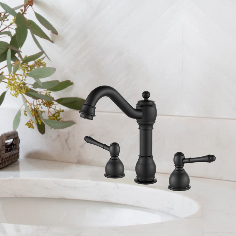8-Inch Widespread Bathroom Faucet - Double Handle Deck Mount With Pull Rod & Pop-Up Drain, Matte Black