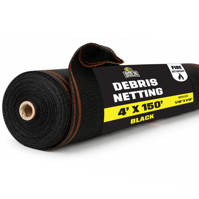 Black Safety Debris Netting, 4 ft x 150 ft, 1/16" Mesh, Fire Retardant, UV Treated for Scaffolding, Dust Control, Construction Barrier Fencing, Wind Block, and Site Protection