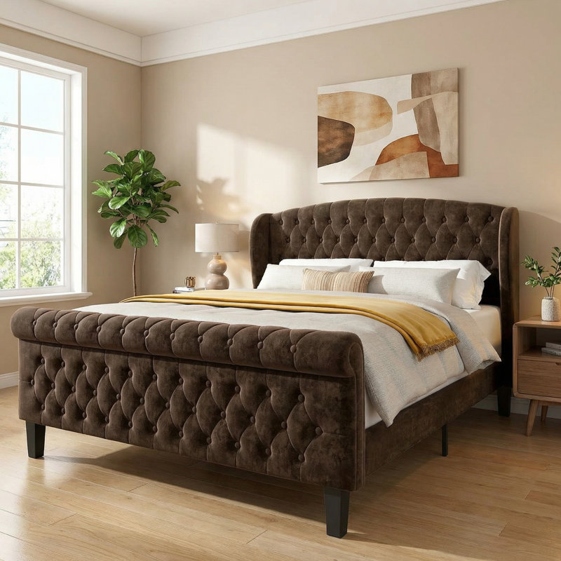 Chenille Upholstered Bed with Wingback Headboard, Bed Frame with Button Tufted Scroll Footboard, Wood Slats Support(Queen)