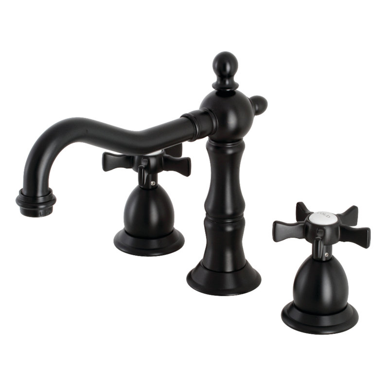 Kingston Brass Hamilton Two-Handle 3-Hole Deck Mount Widespread Bathroom Faucet with Brass Pop-Up Drain, Matte Black