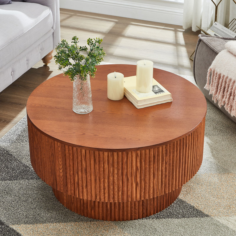 31.49" Wood Round Coffee Table For Living Room, Fluted Circle Coffee Table With Storage, Modern Handcraft Coffee Table For Apartment, Easy Assembly( 31.49"x31.49"x15.74")