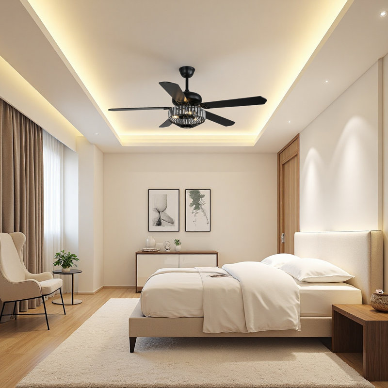 42'' Modern Black Crystal Ceiling Fan with 3 Lights, 5 Wood Blades, DC Motor, Dual Downrods for Living Room, Dining Room or Open-Concept Spaces