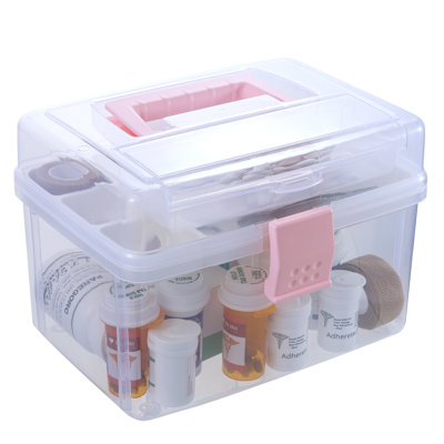 Panier de rangement transparent avec poignée rose et plateau blanc
