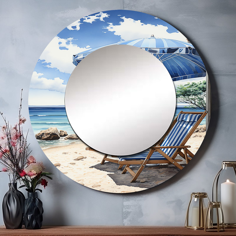 Beach Sandy Escape Pointillism I - miroir mural décoratif de plage, miroir rond côtier, impression d'art en métal