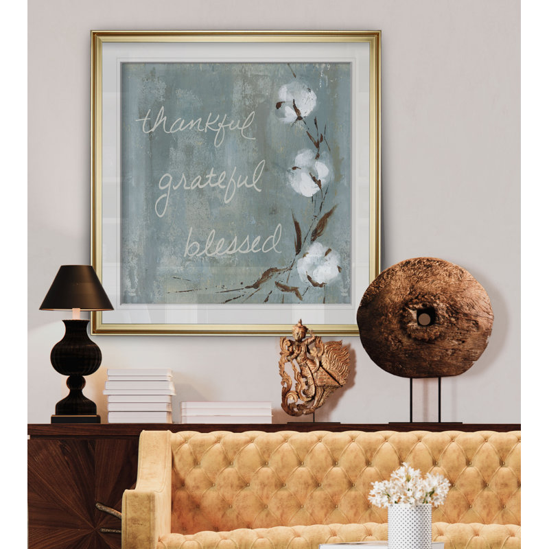 " Cotton Thankful ", 27" H x 27" W x 1.5" D, Gold Framed
