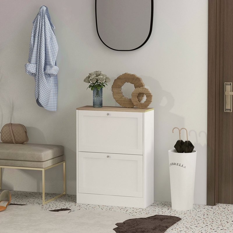 Slim Shoe Cabinet For Entryway, Modern Hidden Shoe Storage Cabinet With 2 Flip Drawers And Adjustable Shelves For 12 Pairs Of Shoes
