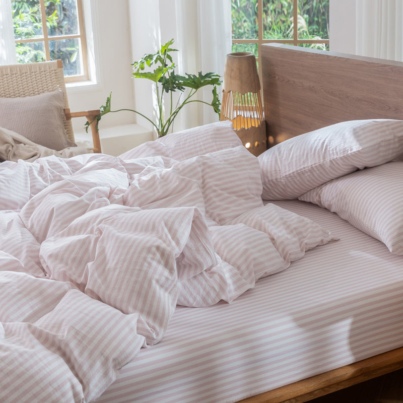MooMee Striped Duvet Cover Set 100% Washed Cotton Linen Like Textured, Full Duvet Cover + 2 Standard Pillowcases