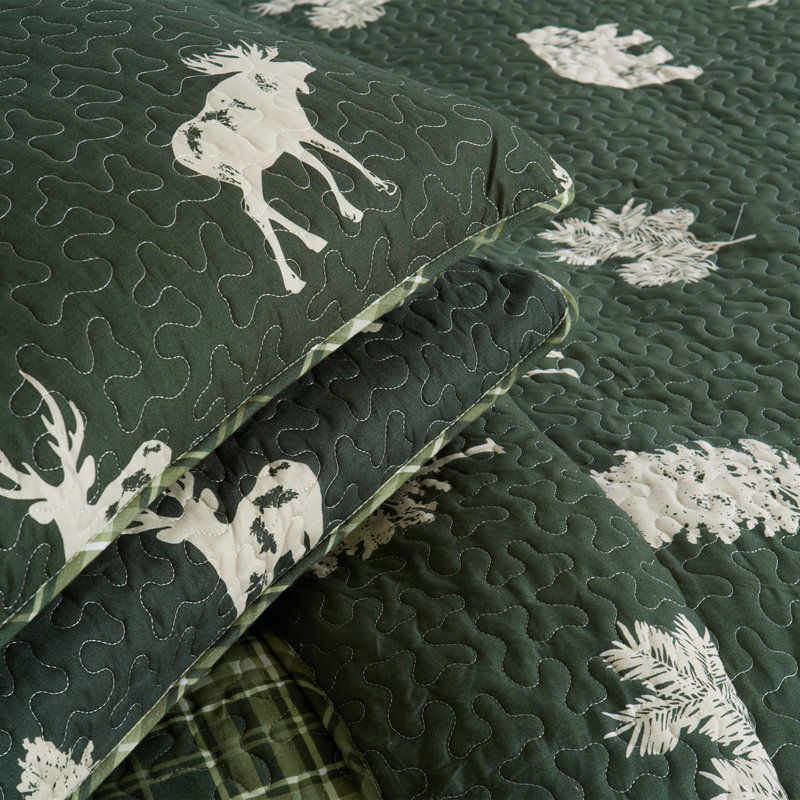 Forest Green Reversible Microfiber Quilt Set with Plaid Shams