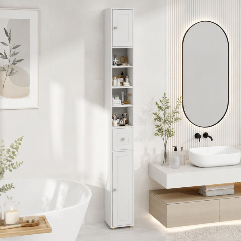 Meuble de rangement de salle de bain haut et étroit, 180 cm (71 po), autoportant, avec 1 tiroir, 2 portes et 4 étagères réglables, blanc