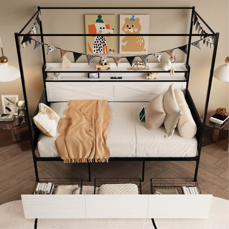 Lit simple blanc moderne avec 3 tiroirs de rangement sous le lit, station de charge et éclairage auxiliaire pour cadre de chambre à coucher, design contemporain, bandes à DEL