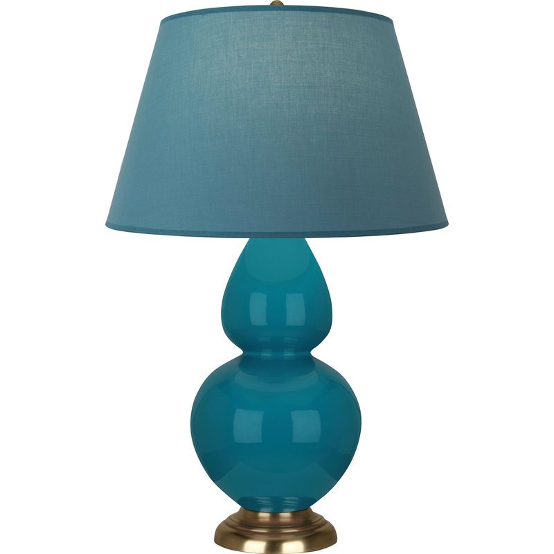 Lampe de table double gourde en céramique, Bleu vif / gris, Paon verni / laiton, Laiton