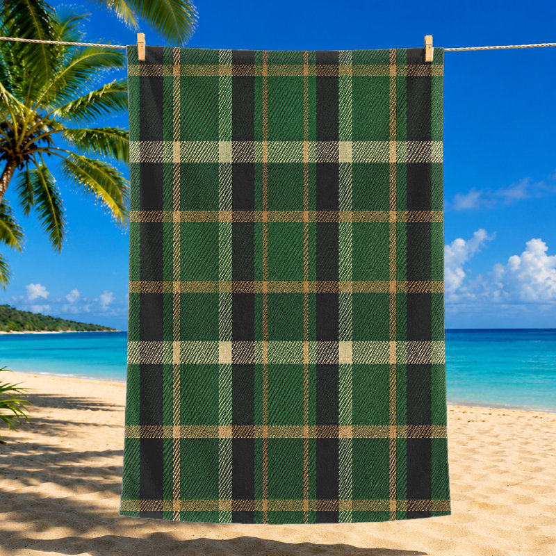 1Pcs Plaid Beach Towel, Featuring Classic Green and Black Checkered Pattern with Tan Accents. Large Microfiber for, Pool, Travel, Unisex.