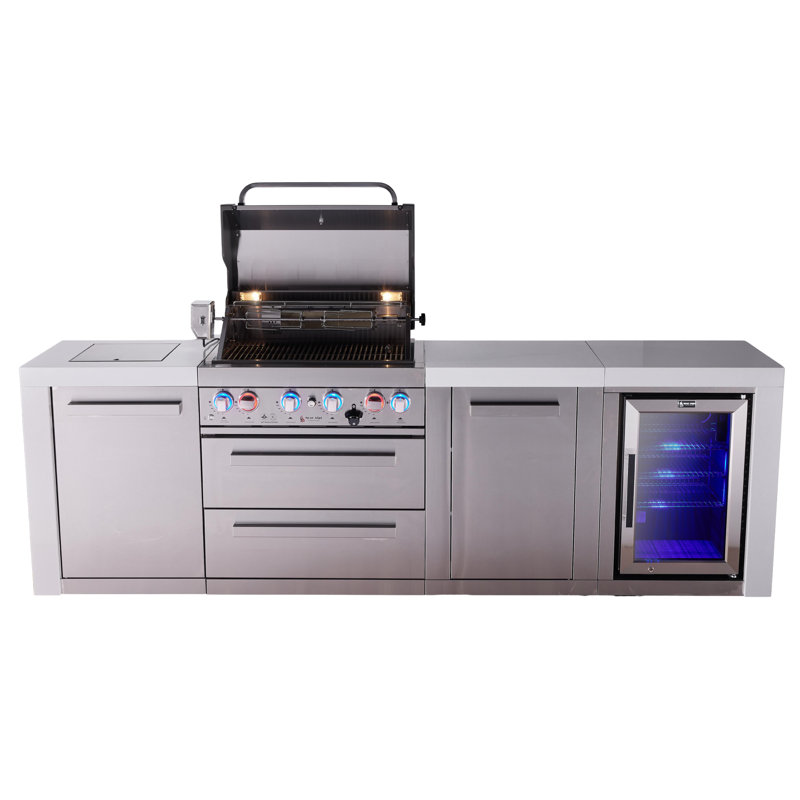 Mont Alpi Mai400-dfc-exc 4-burner 78000 Btu Deluxe Stainless Steel Island Outdoor Kitchen Bbq Gas Grill + Fridge Cabinet + White Granite Countertops + + Grill Cover + 25" Right Extra Storage Cabinet
