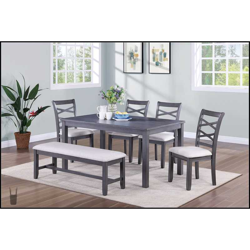 Ensemble de salle à manger moderne 6 pièces avec plateau en bois, 4 chaises d'appoint et banc, fabrication en bois d'hévéa robuste pour plus de durabilité et de style