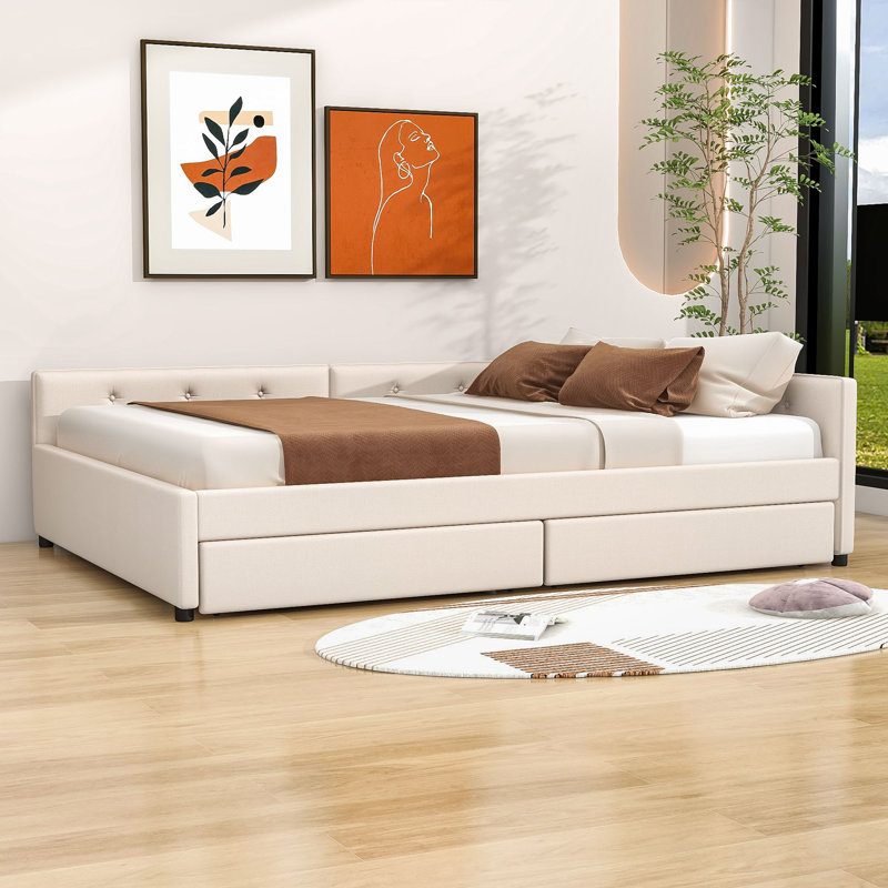Wooden Upholstered Daybed with USB and 2 Drawers, Queen