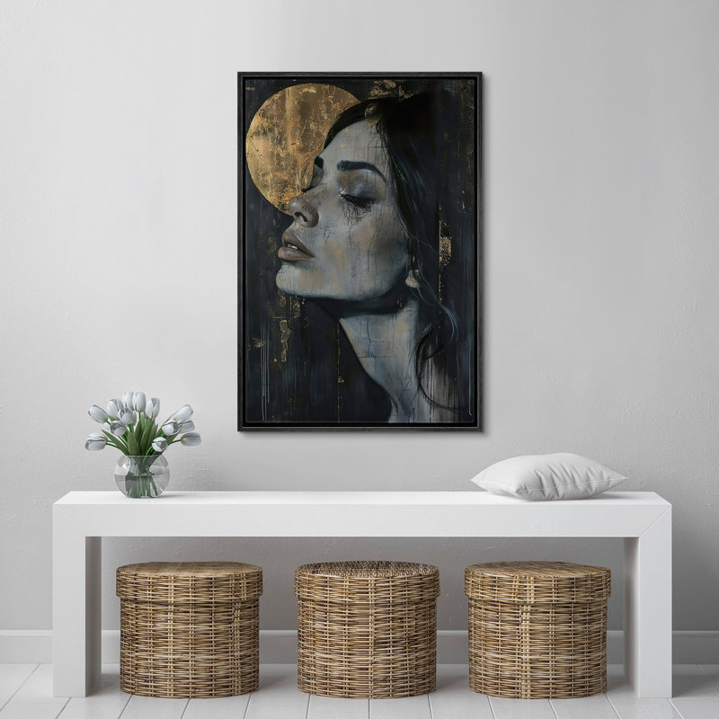 Élégante lune dorée, portrait de femme dans la chambre à coucher Moody, reproduction d'art sur toile encadrée, Cadre noir