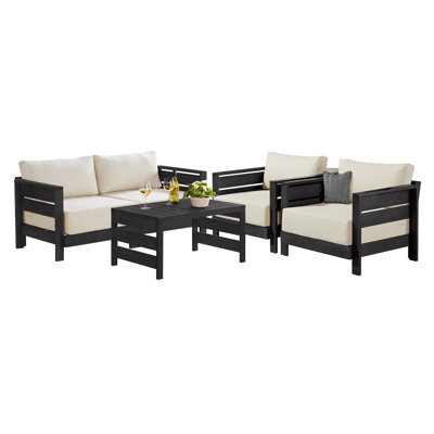 Barton 4 Piece Patio Furniture Set - Weather-Resistant Eucalyptus Wood Outdoor Furniture Set with Outdoor Loveseat, Patio Table and Chairs Set of 2 for Deck, Porch, Garden (Black)