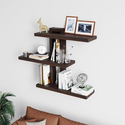 Wood Floating Shelves Set Of 4, Wall Cube Shelves 28.35" Max, Wall Shelves For Living Room Bedroom - Dark Walnut