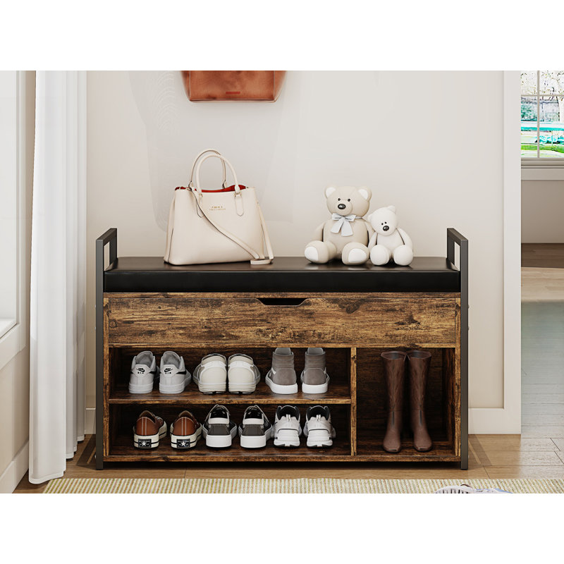 Banc de rangement pour chaussures, banc d'entrée avec boîte de rangement à plateau relevable, range-chaussures à deux niveaux