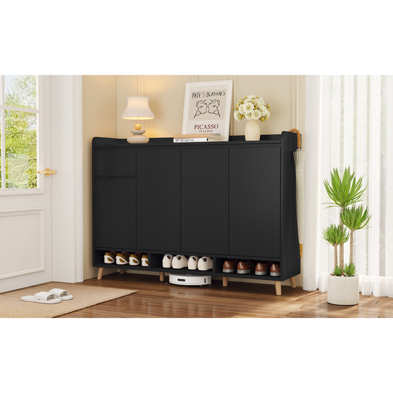 ON-TREND Sleek And Contemporary Shoe Cabinet With Adjustable Shelves, Minimalist Home Organizer With Solid Wood Legs, Storage Sideboard For Entryway, Living Room, Black (OLD SKU: WF321211AAB)