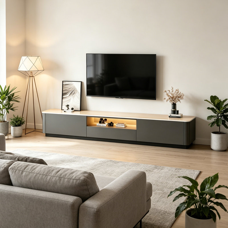 Meuble télé Minimalist, H 13,38 po x L 62,99 po x l 11,81 po, Gris / Blanc