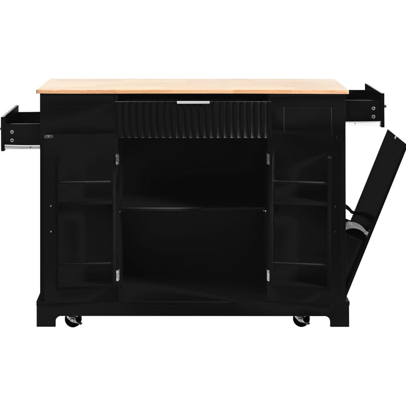 Black Kitchen Island With Concealed Trash Can, Internal Storage Rack, Power Outlets, 3 Drawers, Side Shelves, 5 Cart Cabinet, Rolling, Look